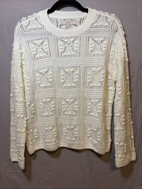 LOFT Ivory Crochet Bobble-Detail Crewneck Sweater